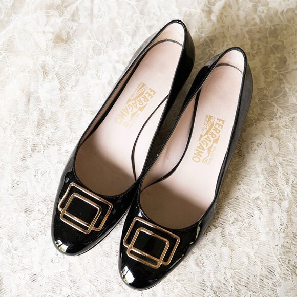 Authentic Salvatore Ferragamo Square Buckle Low Heal Patent Leather Shoes 8.5 2A - Picture 1 of 8